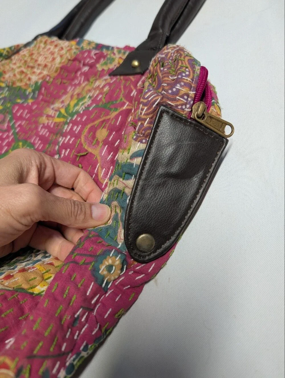 Vintage Quilted Floral Kantha Tote with Multicolor Accents + Leather Straps